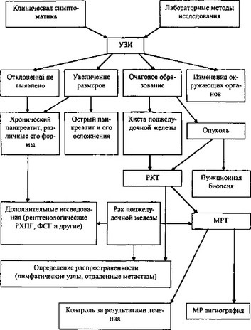 Алгоритм лучевых методов при диагностике заболеваний поджелудочной железы (Комаров Ф. И. и соавт., 1993)